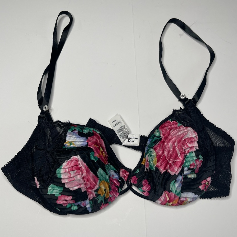 Vintage Christian Dior 36B Floral Lace Unlined Bra Scrunched Pearl Detailing